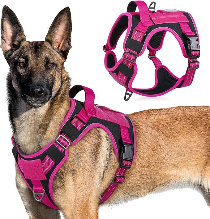 rabbitgoo Tactical Dog Harness for Large Dogs, No Pull Military Service Vest with Handle & Molle, Easy Control for Training Walking, Adjustable Reflective Straps, Black & Rose Red, XL