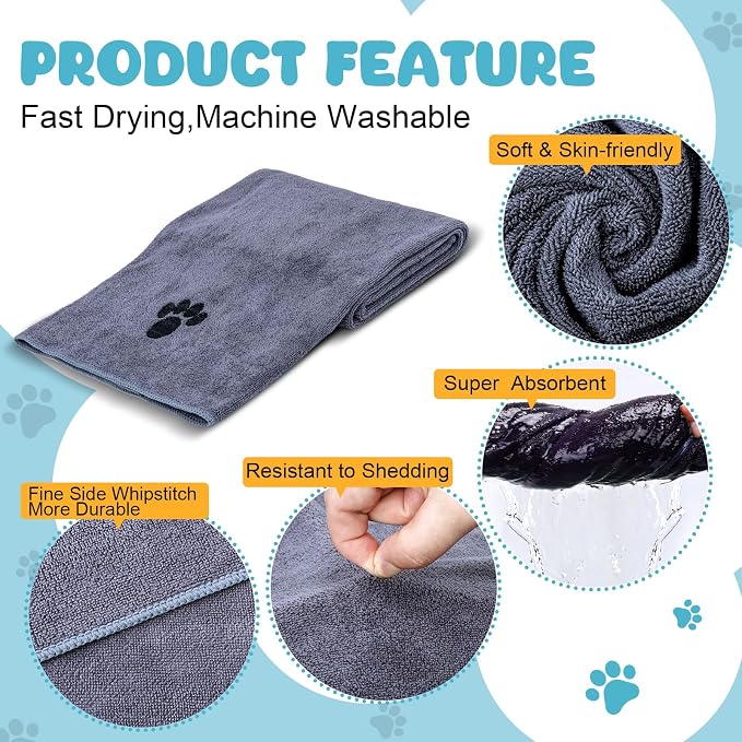 WOUSEDO Microfiber Dog Towels for Drying Dogs,40'' X 23.6'', Super Absorbent and Soft Pet Grooming Towel, Perfect Shower & Bath Supplies for Dogs(2-Pack Grey)