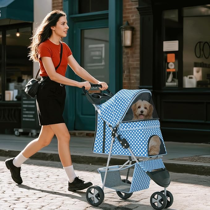 Pet Stroller for Small Dogs 10 lbs, Dog Stroller for Medium Dogs 30 lbs, Cat Strollers for 2 Cats, 3 Wheels Foldable Jogger Puppy Stroller with Storage Basket and Cup Holder, Blue Polka Dots