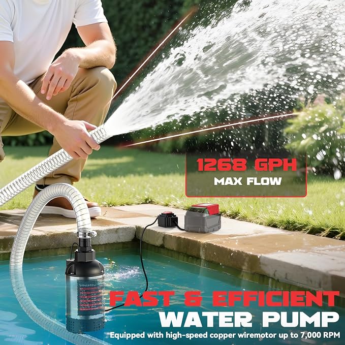 Ecarke Cordless Submersible Water Pump Compatible with Milwaukee 18V Battery, 1268GPH Brushless Electric Sump Pump Portable Transfer Pump for Pool Pond Basement with 6.5ft Drainage Hose (Tool Only)