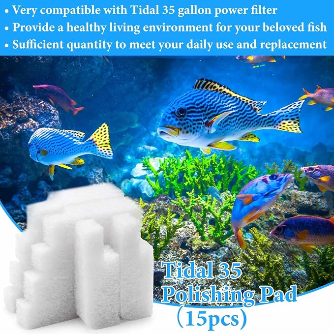 Threlaco 15 Pcs Aquarium Sponge Foam Filter Pads Compatible with Seachem Tidal Replacement Polishing Pad Fish Tank Filter Floss, Media for Crystal Clear Water (Compatible with Seachem Tidal 35,White)