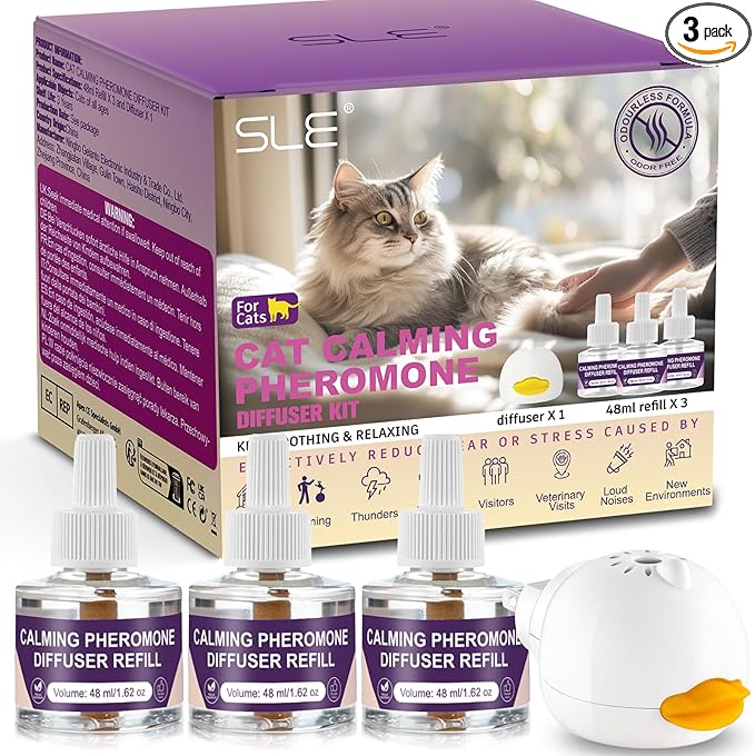 SLE Cat Pheromones Calming Diffuser: 1 Cat Calming Diffusers & 3 Refills, Relieve Anxiety Stress Reduce Spraying Fighting and Scratching Fits All Cats & Kittens