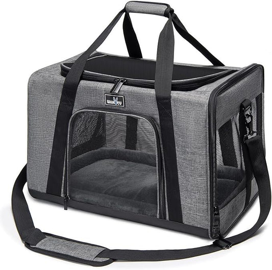 Wakytu Pet Carrier for Medium Large Cats and Dogs, Dog Carrier Travel Bag with Adequate Ventilation, 5 Mesh Windows, 3 Entrance, Locking Safety Zippers, Padded Shoulder and Carrying Strap, Large