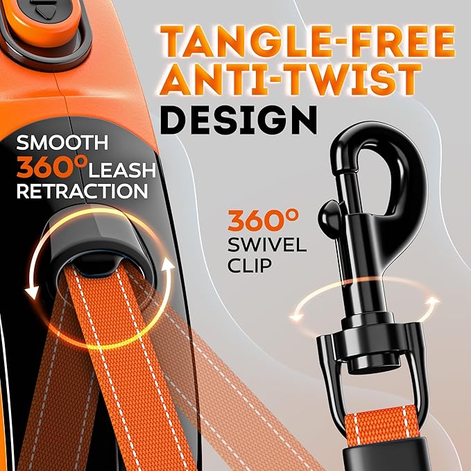 Retractable Dog Leash 18.2 ft – Chew Proof Cable Included – 360° Tangle-Free Design – Heavy Duty Reflective Leash – Soft Anti-Slip Grip Outdoor Daily for Small Medium Large Dogs up to 110 lbs (Orange)