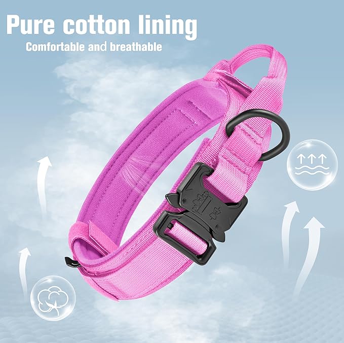 HYDEME Tactical Dog Collar Adjustable Nylon Collar with Control Handle and Heavy Metal Buckle for Medium and Large Dogs, with Patches&Airtags Case&Poop Bag Dispenser&Portable Bowl.(M, Pink-Set)