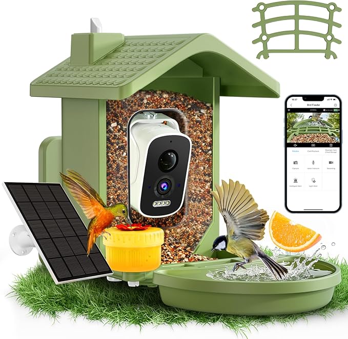 Smart Bird Feeder with Camera Solar Powered, AI Birds Species Identification, 2.5K HD Video Bird House with Camera for Outside, Weatherproof Design Ideal Gifts for Christmas, Bird Lovers, Green