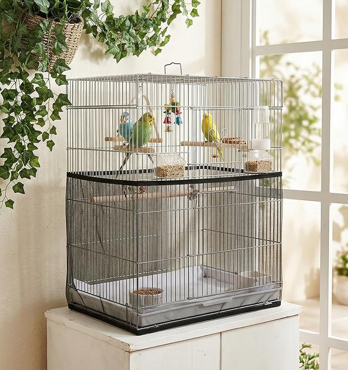 2 Pcs Bird Cage Seed Catcher, Bird Cage Seed Catcher Guard Nylon Net Cover, Adjustable 137.8-196.9 Inches Circumference (Black & White, XL)