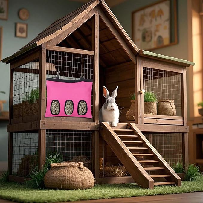 2PCS Rabbit Hay Feeder,3 Hole Hay Bag for Rabbits, Washable Hanging Small Animal Feeder for Guinea Pig Bunny Chinchillas Hamsters and Other Pets