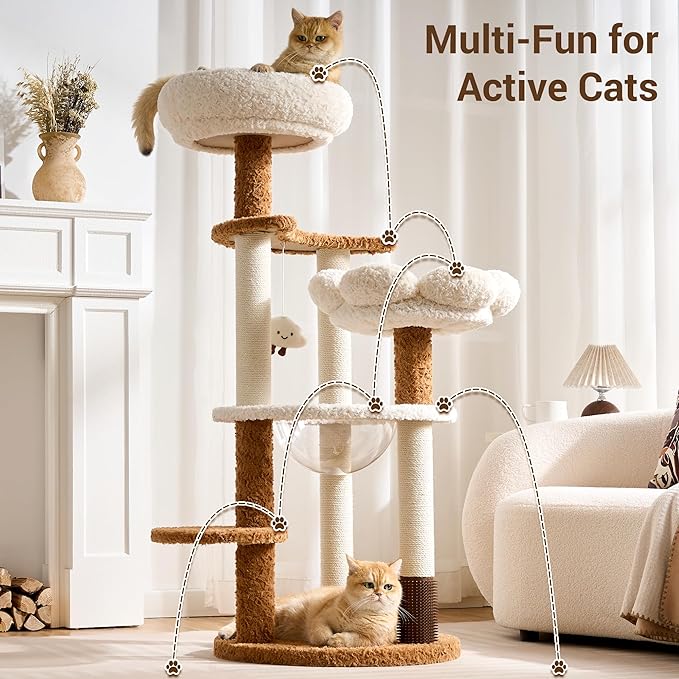 Modern Cat Tree Tower with Scratching Post for Indoor Cats Up tp 12lbs, 50.5" Tall Cat Tree with Flower/Fluffy Cat Beds, Acrylic Capsule, Multi-Level Platforms & Interactive Toy, White & Brown