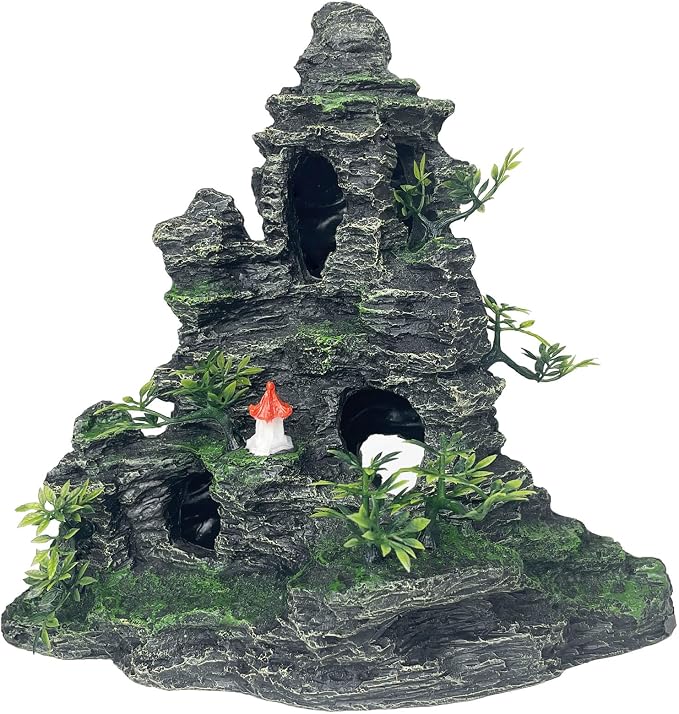 Aquarium Decor - Tall and Large Mountain Rock Ornament for Fish Tank, Aquarium Hideout with Rock Texture for Betta, Guppy, Shrimp - Aquatic Hide Decoration, Fish Hiding House（Red Tower）