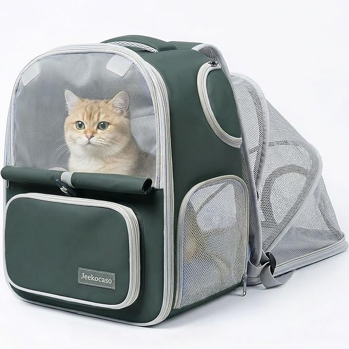 Cat Backpack Carrier Expandable, Breathable Mesh & Lockable Zippers & Shaded Curtains & Multi-Entry, Pet Backpack for Kitty Puppy Small Dogs Up to 18lbs for Travel, Hiking, Car, Vet(Green)