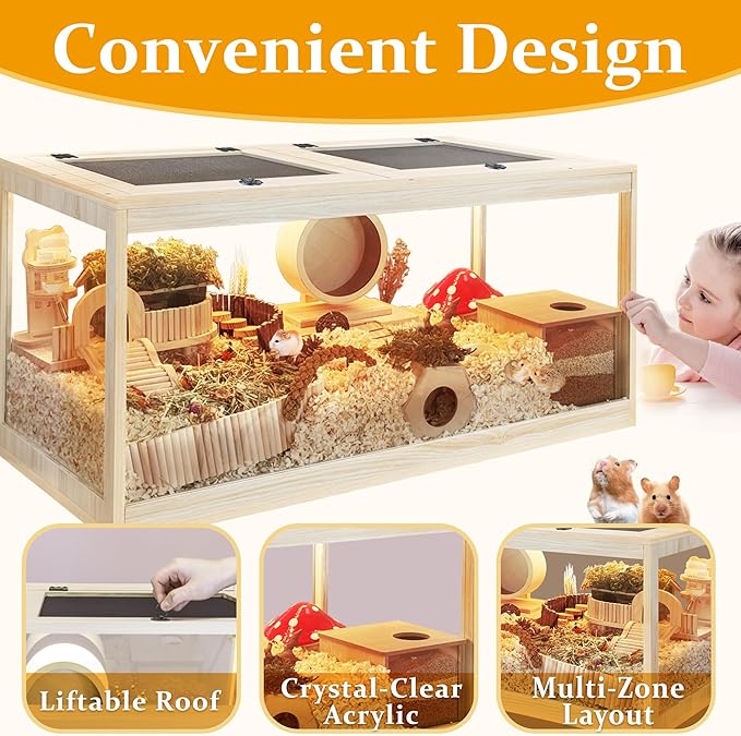 PROLEE Hamster Cage with Metal Mesh Top, Chewproof Wooden Guinea Pig Cages, Mice and Rat Habitat,Large Hamster Cages with Acrylic Sheets Solid Built (40X20X20 Inch)