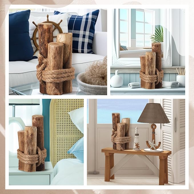 3 Pcs Driftwood Piling Rope Wrapped Coastal Nautical,Brown | Artificial Wood Pilings as Beach Centerpieces, Farmhouse Rustic Table Decor, Coastal Accents for Dining and Aquariums