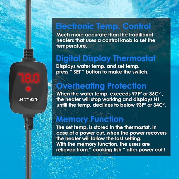 Mini Aquarium Heater 25W Super Small Fish Tank Heater with Digital Display Thermostat, Alumina Ceramic Betta Tank Heater Turtle Heater for 3-5 Gallon Tanks