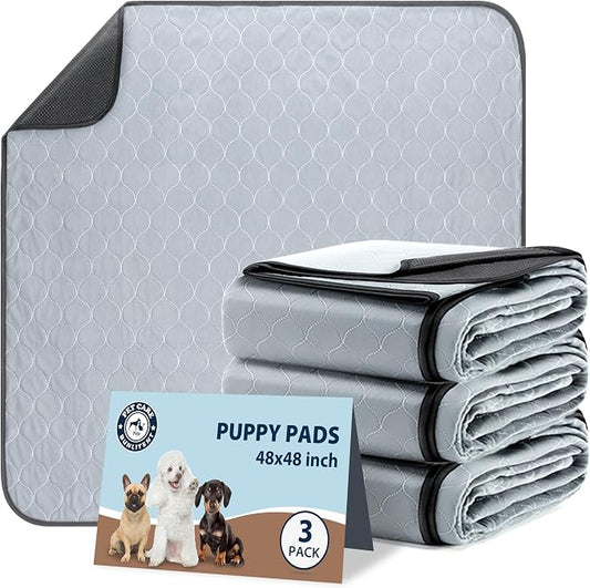 Washable Pee Pads for Dogs, Reusable Puppy Pads 48x48, 3 Pack, White Grey | Reusable, Fast Absorbent, Waterproof, Non-Slip, For Whelping, Training, Incontinence & Potty, For Dog Playpen, Crate, Car