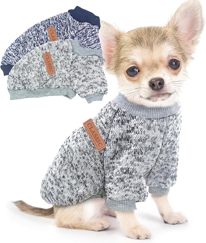 2 Pack 3.6-5.5lbs Dog Sweaters for Small Dogs Winter Dog Clothes Male Fleece Pet Sweaters Warm Thick Puppy Outfit Small Dog Sweater for Boy Girl Dogs Yorkie, Chihuahua, Pug, XS,Grey Navy
