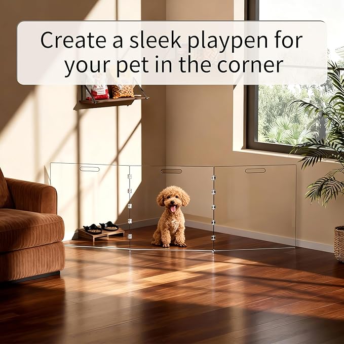 Clear Acrylic Dog Gate, Freestanding Pet Gate for Doorways Indoor, Foldable Acrylic Dog Playpen No Drilling (Clear, 3-Panel)