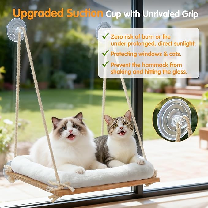 Cat Window Perch, Cat Hammock Bed with Solid Wood Seat 4 Heavy Duty Suction Cups, Plush Cushion, Indoor Pet Window Hammock for Cats for Large Cats