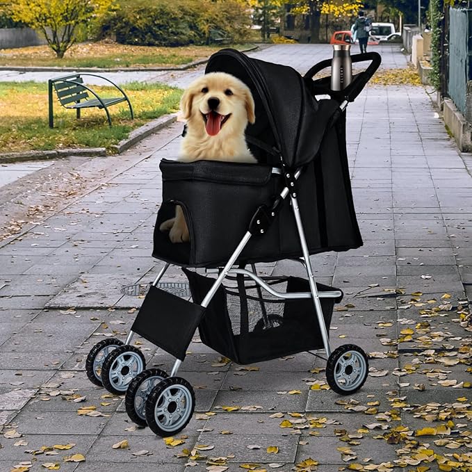 BestPet Pet Stroller Dog Cat Jogger Stroller for Medium Small Dogs Cats Folding Lightweight Travel Stroller with Cup Holder (Black, 4 Wheels)