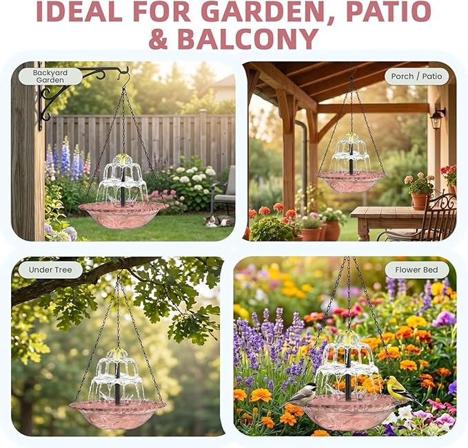Solar Fountain for Bird Bath, Hanging Cascade Water Feature for Outdoor Garden & Yard Decor, Creates a Relaxing Flow that Attracts Birds (Pink(XL))