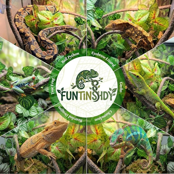 5 Pcs Reptile Plants & Habitat Decor Kit - Artificial Plants & Large 3.3ft Jungle Vine Branch, Artificial Leaves with Suction Cup Tank Decor Accessories for Crested Gecko, Lizard, Snake,Forg,Tortoise