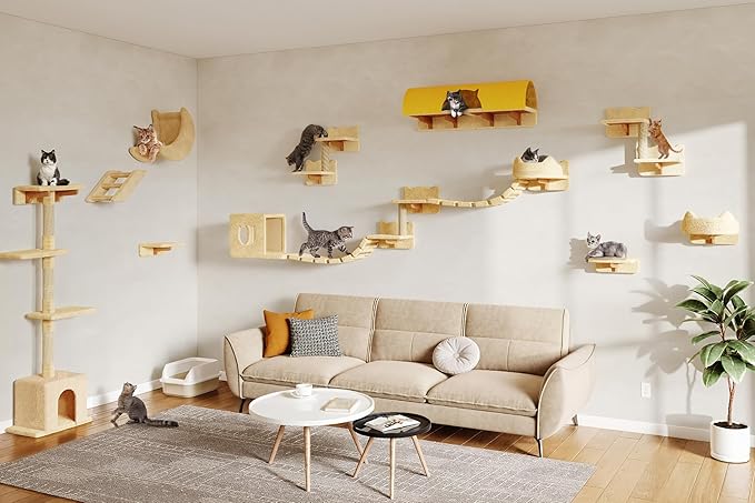 Cat Wall Shelves, Wall Mounted Pet Shelf Furniture w/Plush Fabric(26 Piece Set), 63''H Cat Tower w/Scratching Posts, Cats Furniture with 40''L Tunnel, Condos, House, Steps and Ladder, Beige