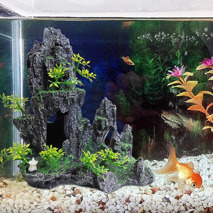 kathson Aquarium Mountain View Stone Resin Fish Tank Decoration Betta Hideout Caves Rockery Landscape Tree Aquarium Decorations Large Rock Hiding Cave Decor for Small Fish Shrimp Play Ornament
