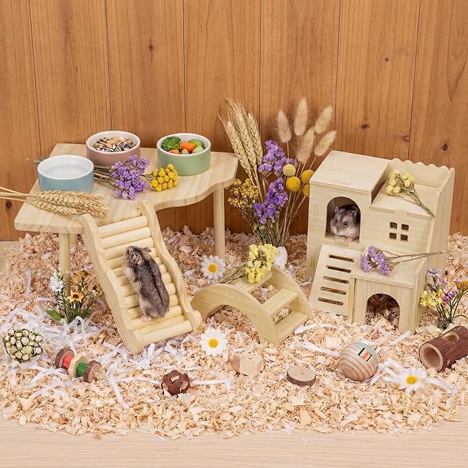 BreezeHug 4 Pcs Hamster Platform Hideout Wooden Tunnel Ladder Playhouse Hamster Game Climbing Toy with Platform Cage Accessories for Pets Dwarf Syrian Mice Degus Gerbils Squirrel(Villa)