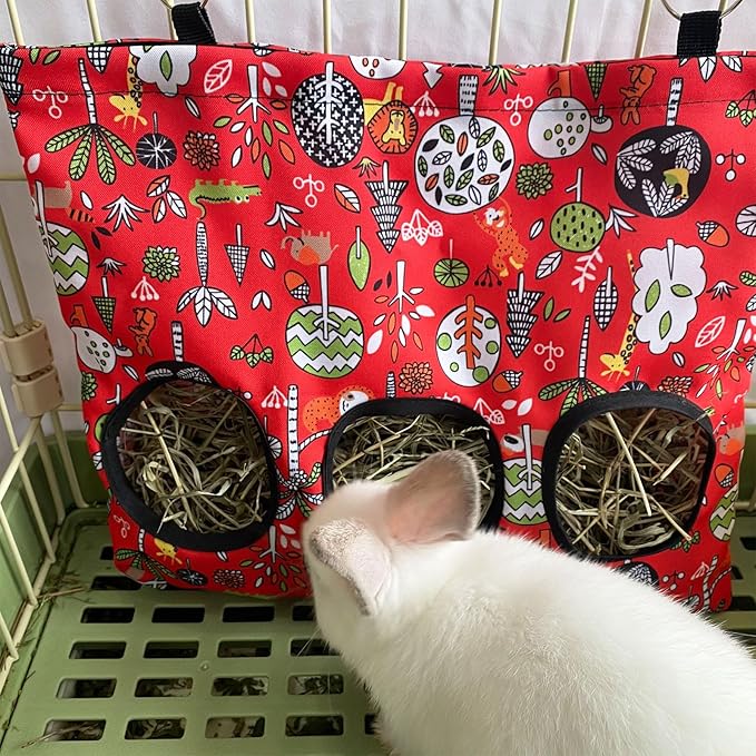 Rabbit Hay Feeder Bag, Guinea Pig Hay Feeder for Cage Small Animal Hanging Feeding Bags Rabbit Hay Dispenser Storage for Rabbits Guinea Pigs Bunnies Chinchillas (Red,Dark Blue, 3 Hole)