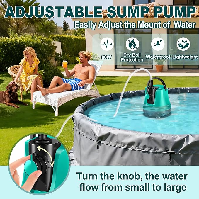 RovPool Sump Pump Submersible, Adjustable Pool Cover Pump Above Ground | Portable Electric Water Removal Pump with 10ft Hose, 4 Adapters Water Pump for Pool Draining,Fish Tank,Pond, 950GPH