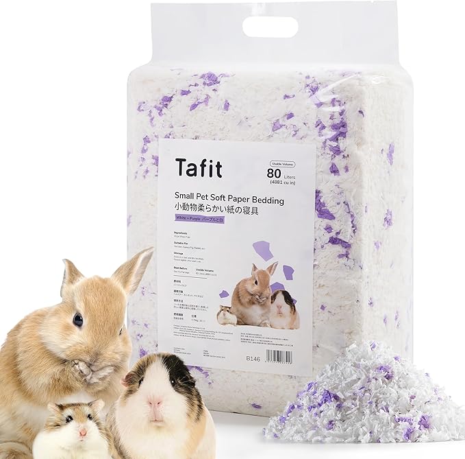 99% Dust-Free Soft Natural Paper Hamster Bedding with Odor Control, Strong Absorption, for Hamsters, Guinea Pig, Hedgehogs, Rabbits, Chinchilla, Rats, Small Animals, 80 Liters (White + Purple)