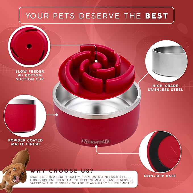 FAHRMOSIS 32 Oz Dog Bowl with Slow Feeder Insert Stainless Steel Pet Water Bowl for Medium & Large Breed Non Slip Rubber Base & Plastic Puzzle Feeder - Red