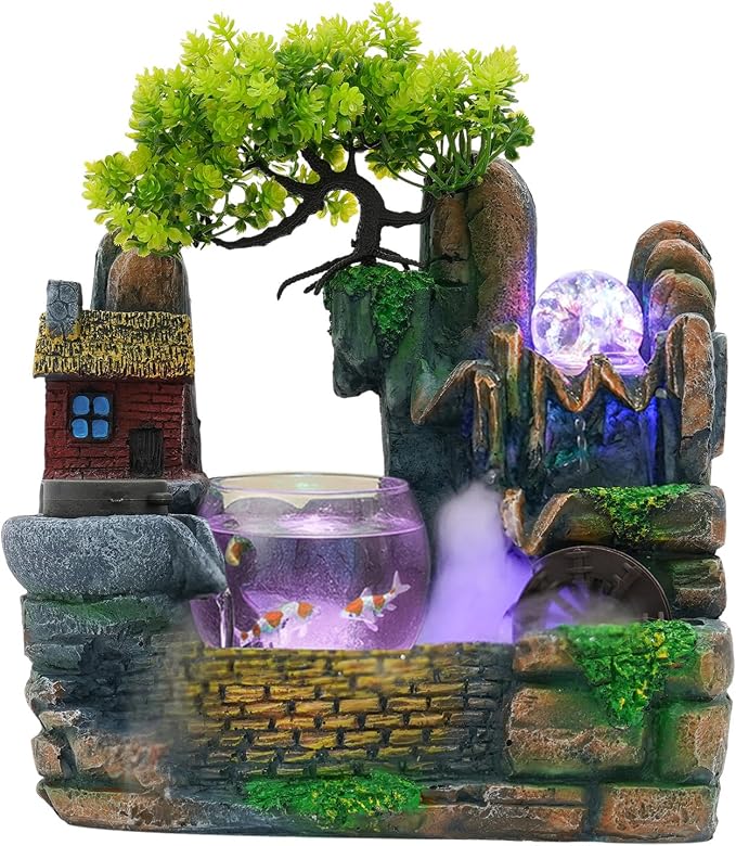 Indoor Fountain Rockery Tabletop Fountain with an Atomizer Elaxation | Water Feature Meditation Desktop Fountains for Home Office Decor or Giving 11.81' x 5.91'' x 14.17'' with LED Light