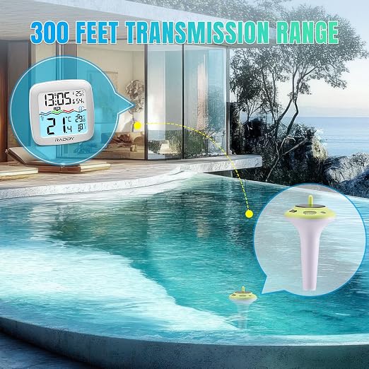 Raddy PT-5 Solar Floating Pool Thermometer, Waterproof TN Display | Solar & battery powered, digital display, for swimming pools, hot tubs, ponds, spas