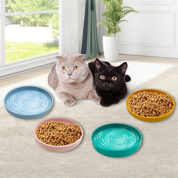Silicone Cat Food Bowl Shallow Dishes 5.9in Wide Cats Bowls Kitty Plates Relief Whisker Fatigue Puppy Feeding Bowl for Dry Food and Wet Food Indoor (Round Green)