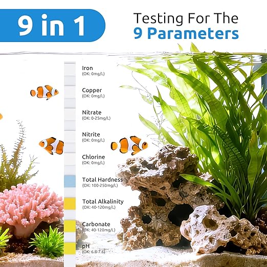SEAOURA 9-in-1 Aquarium Test Kit for Fish Tanks - 135 Strips Water Testing Strips for Aquariums & Ponds Accurate Testing Iron，Copper，Nitrate，Nitrite，Chlorine，Hardness，Alkalinity，Carbonate，pH