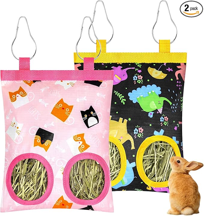2 Pack Rabbits Hay Feeder Bag, 2 Holes Hanging Bunny Hay Feeder Guinea Pig Feeding Bag Storage Dispenser for Bunny Rabbits Chinchillas Hamsters Small Pets and Animals