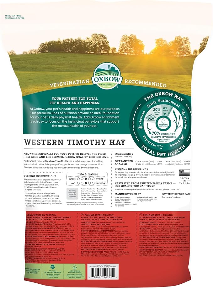 Oxbow Western Timothy Hay, Guinea Pig Hay, Small Pet Bunny Supplies, All Natural Grass for Guinea Pig, Bunny, Chinchilla & Hamster, Oxbow Rabbit Supplies for Bunnies, 90 oz. bag