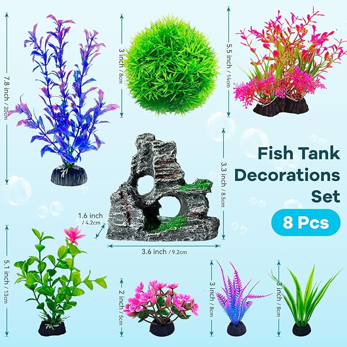 8Pcs Aquarium Decor Set, Artificial Plastic Plants and Rock Cave for Fish Tank Decorations, Goldfish Betta Fish Tank Accessories Supplies Realistic Small Large Fish Bowl Ornaments