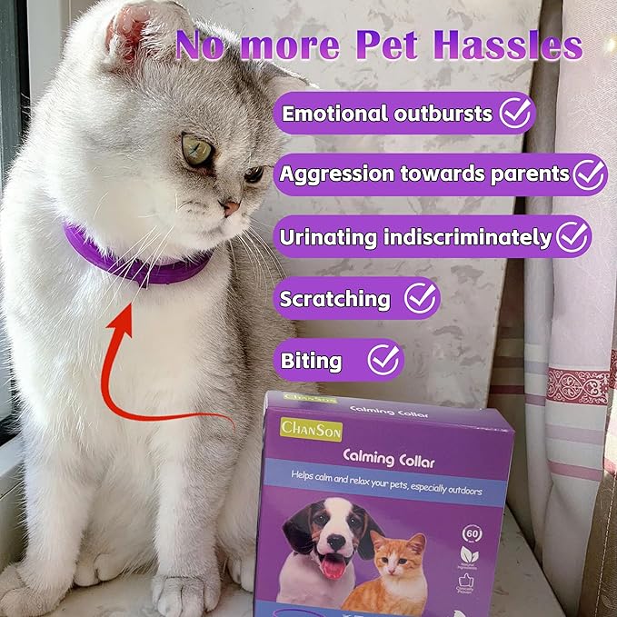 Calming Collar for Cats and Dogs — Relieves Separation Anxiety, Nervousness, and Inappropriate Urination in Dogs, ELasts Up to 8 Weeks (Purple), Adjustable Size, Suitable for All Body Types