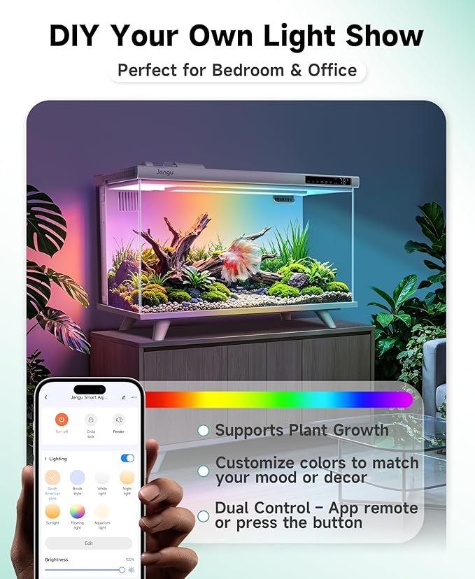 M1 5 Gallon Aquarium Starter Kit, App Control Smart Fish Tank with Filter, Auto Feeder, Quiet Pump, Timer Light, Temp Display, Crystal-Clear Glass Desktop Betta Tank for Guppy Shrimp, White