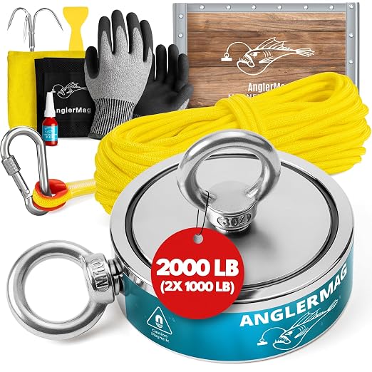 AnglerMag™ Magnet Fishing Kit - 2000 lbs Double Sided Neodymium Magnetic Fishing Stuff with Rope - 10 PCS Extra Strong Complete Gift Set with eBook, Carabiner, Gloves, Grappling Hook & Carrying Bag