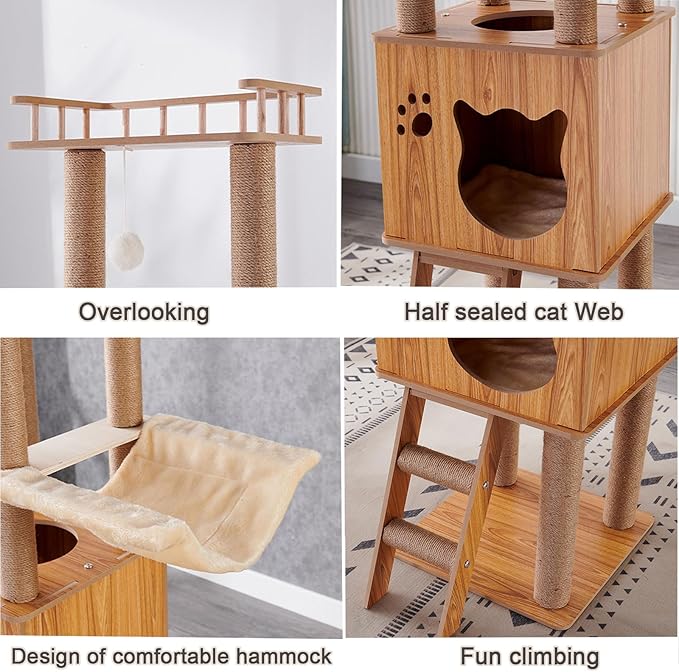 61'' Wooden cat Tree with cat Condo, Cat Stairs Scratching Posts, 2 Bowl,Sisal Scratching Posts,Cozy Cat Hammock and Top Perch. Cat Tree for Large Cats.