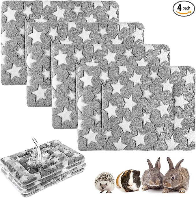 Haull 4 Pcs Waterproof Guinea Pig Bedding Guinea Pig Bed Plush Cage Liners Soft Rabbit Dog Crate Pad Cat Mat Reversible Cozy Animal Pee Pad Hamster Bunny Mat Accessory(Gray Star,13 x 10 Inch)