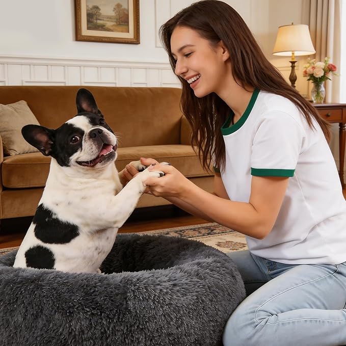 Dog Calming Beds for Small Medium Large Dogs - Round Donut Washable Puppy Dog Bed, Anti-Slip Faux Fur Fluffy Donut Cuddle Anxiety Cat Pet Bed(32" Dark Grey)
