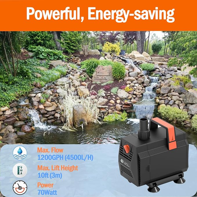 AquaMiracle 1200GPH Aquarium Water Pumps (4500L/H, 70W) Fountain Pump Pond Pump Submersible Water Pump with Flow Control for Fountain, Waterfall, Statuary, Filtration, Water feature, Hydroponics