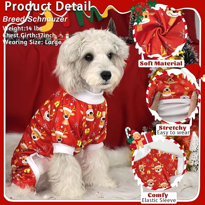 Xpudac 4 Pack Dog Christmas Pajamas Reindeer Puppy Clothes Cute Santa Claus Dog Pajamas Costumes Outfit Red Green XL
