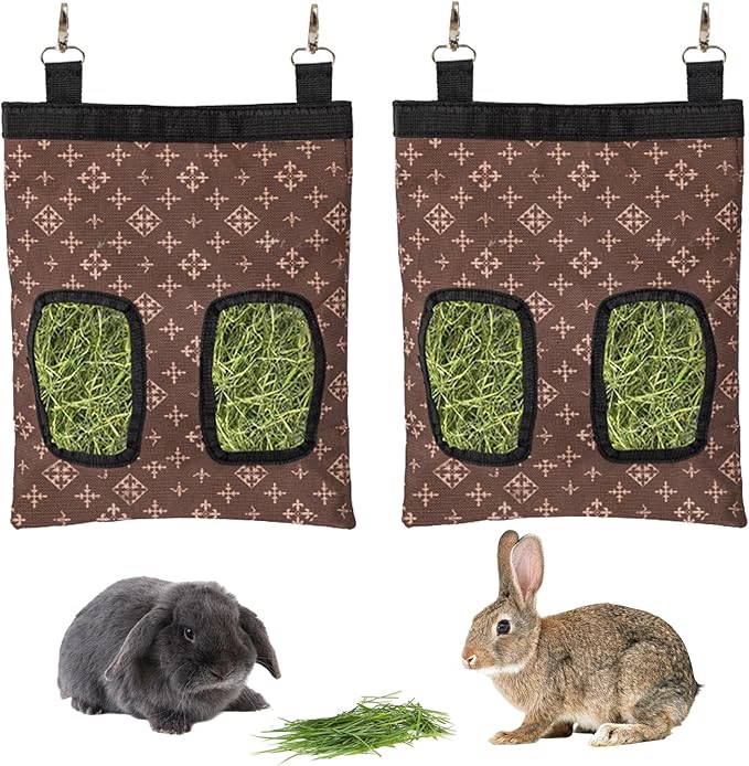 Rabbit Hay Feeder Bag, Large Capacity Rabbit Hay Bag Small Animal Hanging Hay Bag 600D Oxford Cloth Bunny Hay Feeder Bag for Rabbits Guinea Pigs Chinchillas (Brown-2 Holes-2Pcs)