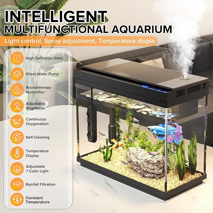 Vehipa 2.4 Gallon Fish Tank Aquarium Starter Kit | with Heater, Heater, 7-Color Light, 3-in-1 Quiet Pump for Betta, Guppy