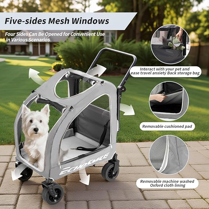 EchoSmile 4 Wheels Pet Stroller, Dog & Cat Stroller for All-Season, Lightweight Carrier with Storage Basket, Adjustable Handle, Removable Pad, Breathable Mesh, Up to 135 lbs, Grey